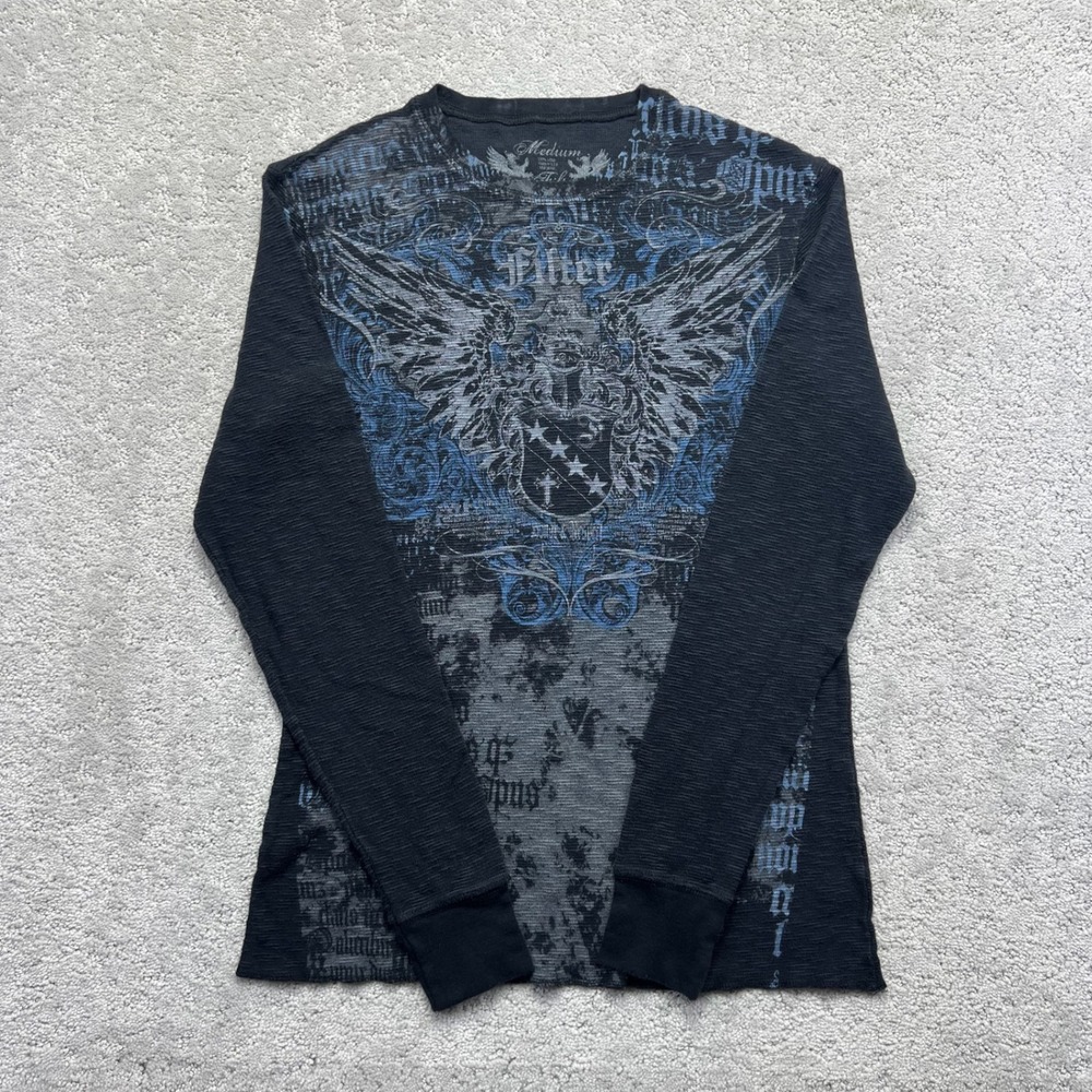 Filter Thermal Shirt Mens Medium Black Blue Winged Crest Graphic Waffle Knit